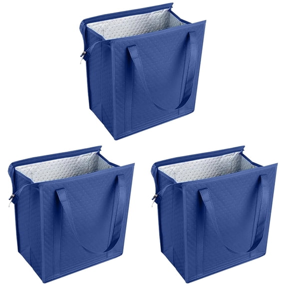 Insulated Reusable Cooler Bag Large Thermal Grocery Tote with Handles & Zipper, Keeps Cool Up to 8 Hours for Picnic, Camping & Daily Use (Blue, 3-Pack)