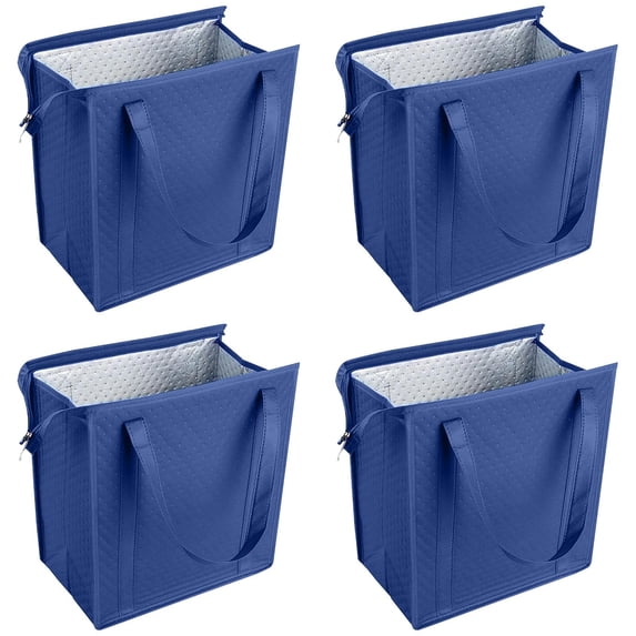 Insulated Reusable Cooler Bag Large Thermal Grocery Tote with Handles & Zipper, Keeps Cool Up to 8 Hours for Picnic, Camping & Daily Use (Blue, 4-Pack)