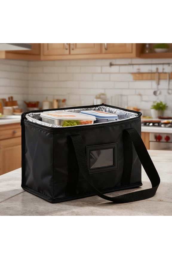 Insulated Reusable Grocery Bag, Thermal Cooler Tote with Zipper Closure for Food Transport, Shopping, Travel and Outdoor Use(Black,28X20X17cm)