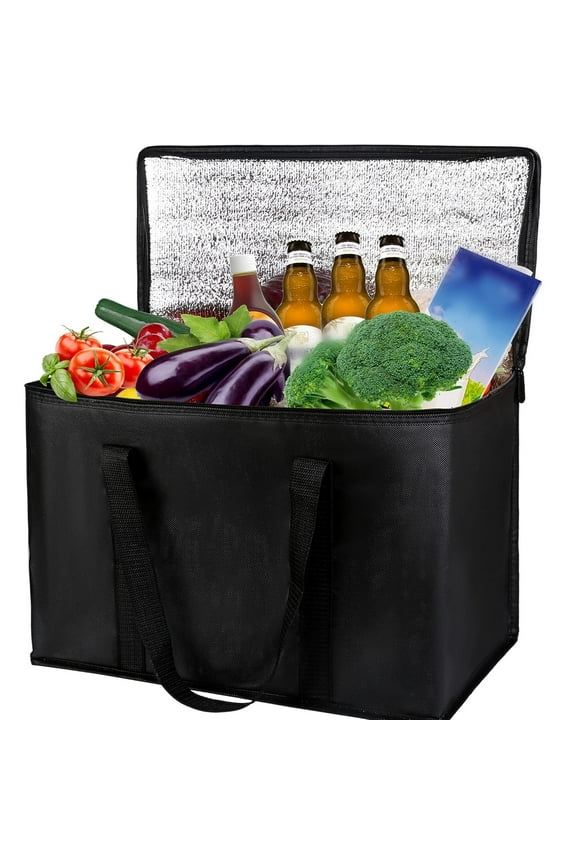 Insulated Reusable Grocery Bags,16.1x13x10.2Inch Collapsible Food Delivery Bag for Groceries,Black Reusable Shopping Bags for Groceries with Zipper