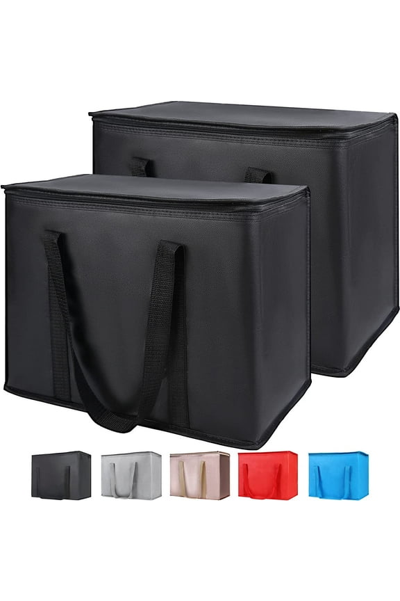 Insulated Reusable Grocery Bags, 16W x 13H x 9D Tote Bag for Shopping/Travel, Doordash Food Cooler/Hot Delivery Bag, Black, 2-Pack