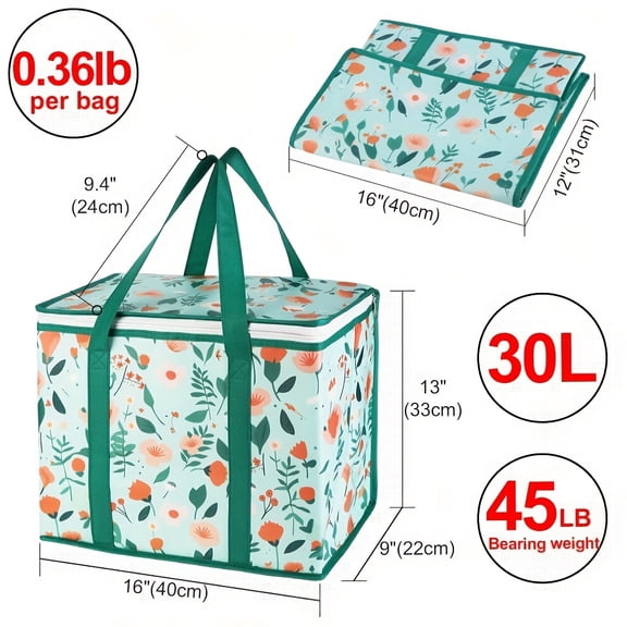 Insulated Reusable Grocery Shopping Bags, XX-Large Picnic Cooler Bag With Zipper/Zippered Top Cold, Insulated Food/Pizza Delivery Bag For Catering/Doordash/Lovely, Christmas