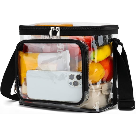 Insulated Reusable Lunch Bag Adult Large Lunch Box for Women and Men with Adjustable Shoulder Strap,Front Zipper Pocket and Dual Large Mesh Side Pockets, Clear