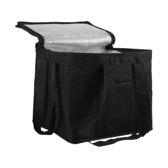 Insulated Reusable Shopping Bags Grocery Bags with Handles, Food Delivery Bags Cooler Bags w/Zippered Top for Groceries, Food Transport, Travel, Picnic, Camping (Black, 1 PC, 11.4x8.2x9 in)