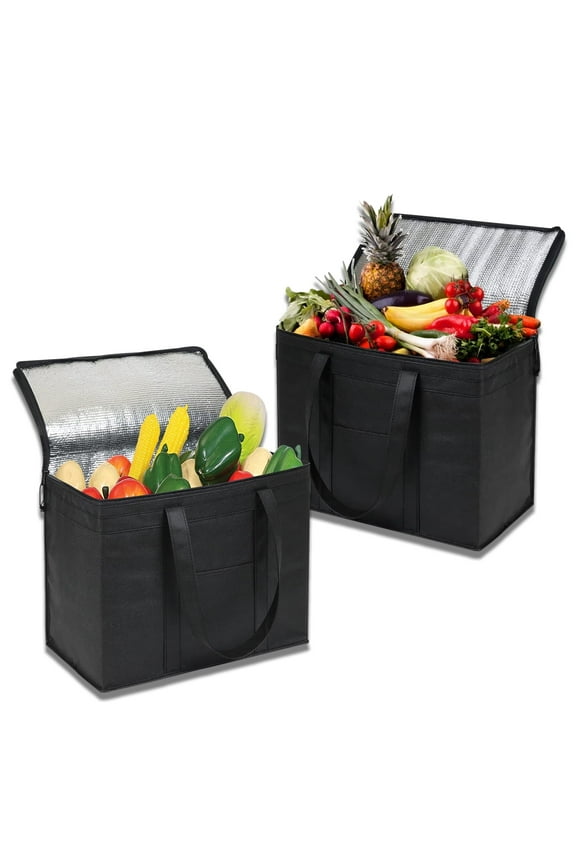 Insulated Grocery Bags (2-Pack)  Heavy Duty Zippered Cooler Totes for Hot/Cold Food  Foldable Reusable Shopping Bags (Black)