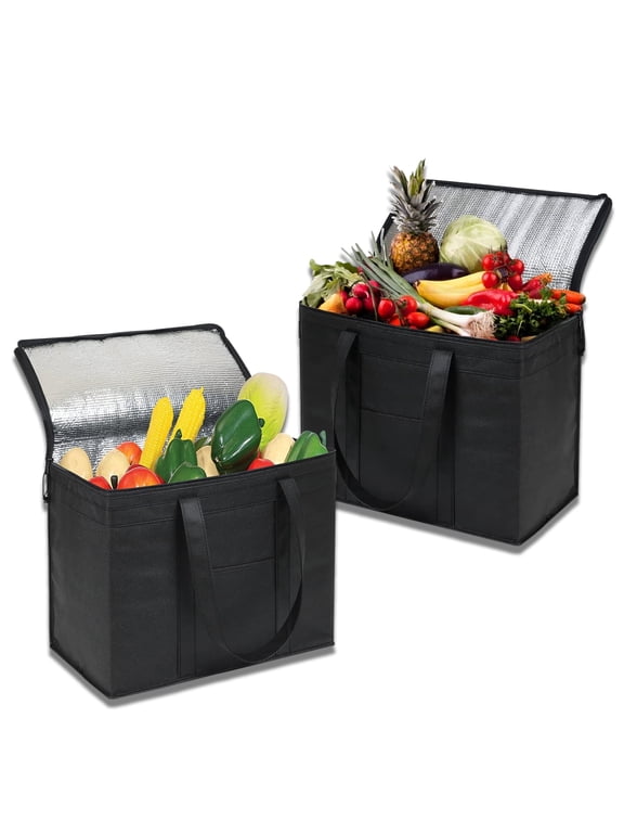 Insulated Grocery Bags (2-Pack) Heavy Duty Zippered Cooler Totes for Hot/Cold Food Foldable Reusable Shopping Bags (Black)