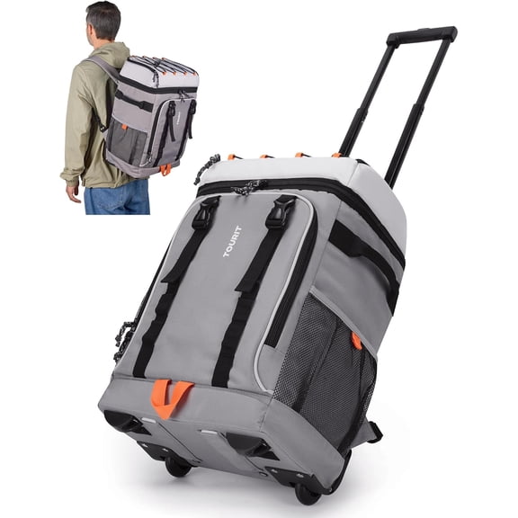 Insulated Rolling Cooler Backpack with Wheels and Telescopic Handle, Leakproof Waterproof, 50 Cans Capacity, Grey