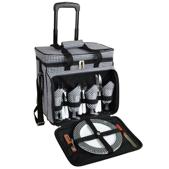 Insulated Rolling Picnic Cooler Set For 4 With Houndstooth Pattern