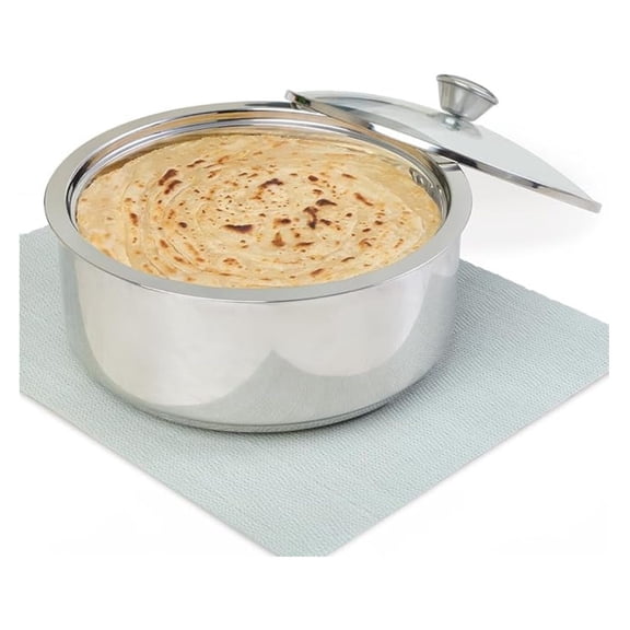 Insulated Roti Server - 2.5L Stainless Steel Casserole - Silver - Keeps Roti, Idli & Thepla Warm - Double Walled PUF Insulation - Toughened Glass Lid