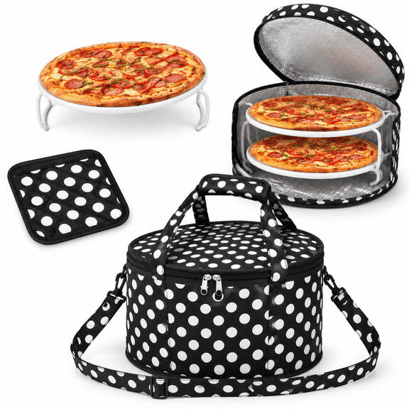 Insulated Round Pie Carrier Black White Polka Dots Holds 2 Pies For Transport