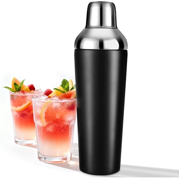 Insulated Shaker Black - 23oz Double Wall Vacuum Stainless Steel Martini Shaker with Built-in Strainer & Jigger Lid, Pro Leak-Proof Weighted Shaker for Bar, Bar Set