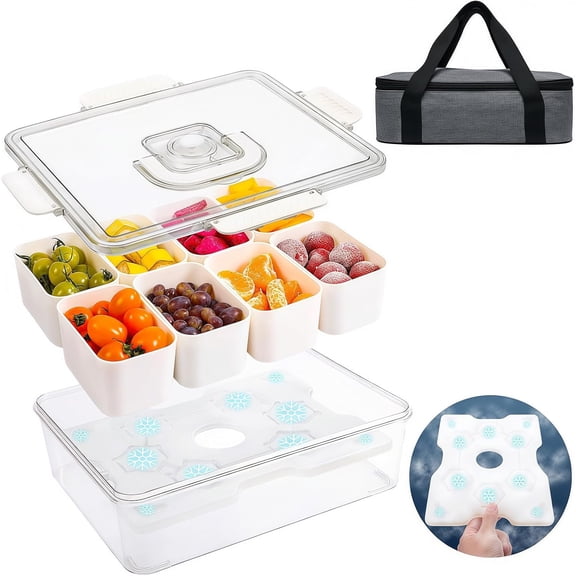 Insulated Snackle Box Container with Reusable Ice Pack, 8 Compartment Chilled Beach Bag for Parties, Road Trips, Fruits, Veggies and Snacks