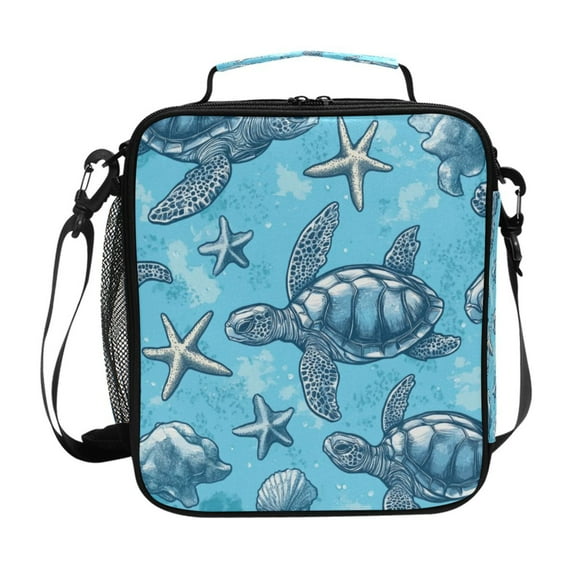 Insulated Square Lunch Bag 10.5" Leakproof Food Container Reusable Insulated Cooler Lunch Box for Work Picnic Sea Turtles and Starfish Pattern