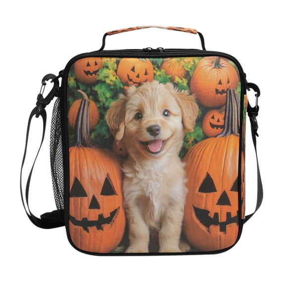Insulated Square Lunch Bag with Side Mesh Pocket Fashion Lunch Box Reusable Lunch Tote 10.5" x9.5" x3.5" A Puppy and Oumpkins