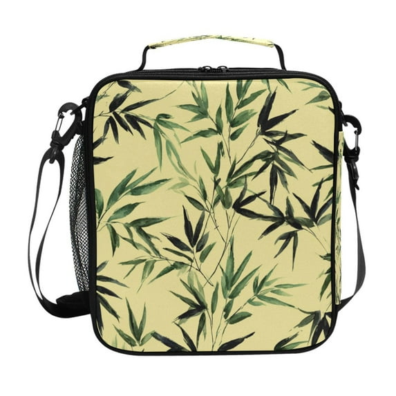 Insulated Square Lunch Bag with Side Mesh Pocket Fashion Lunch Box Reusable Lunch Tote 10.5" x9.5" x3.5" Bamboo and Green Leaves