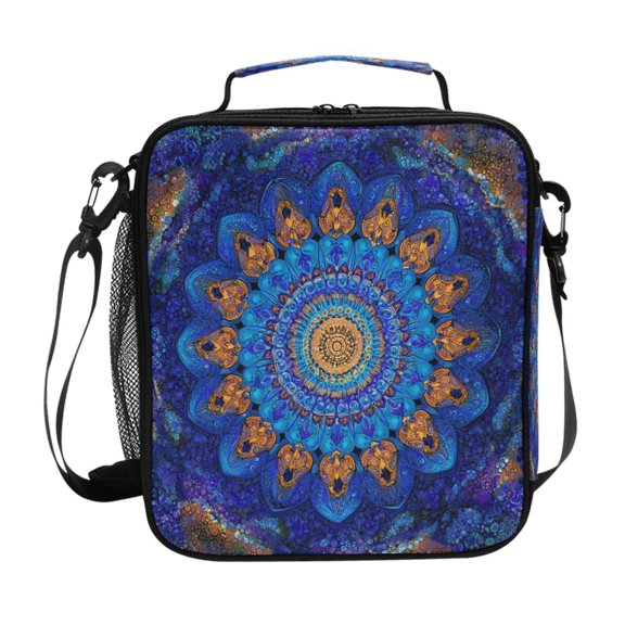 Insulated Square Lunch Bag with Side Mesh Pocket Fashion Lunch Box Reusable Lunch Tote 10.5" x9.5" x3.5" Blue Kaleidoscopic Pattern