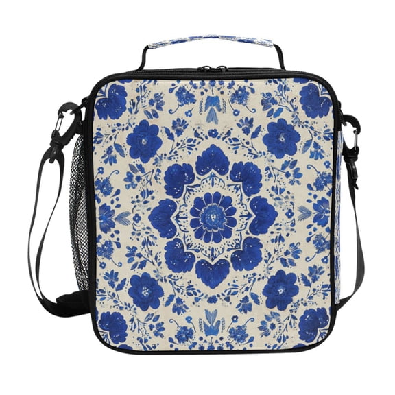 Insulated Square Lunch Bag with Side Mesh Pocket Fashion Lunch Box Reusable Lunch Tote 10.5" x9.5" x3.5" Blue and White Batik Pattern