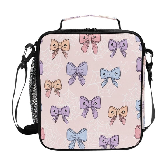 Insulated Square Lunch Bag with Side Mesh Pocket Fashion Lunch Box Reusable Lunch Tote 10.5" x9.5" x3.5" Bows and Spider Webs