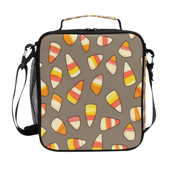 Insulated Square Lunch Bag with Side Mesh Pocket Fashion Lunch Box Reusable Lunch Tote 10.5" x9.5" x3.5" Cartoon Candy Corn