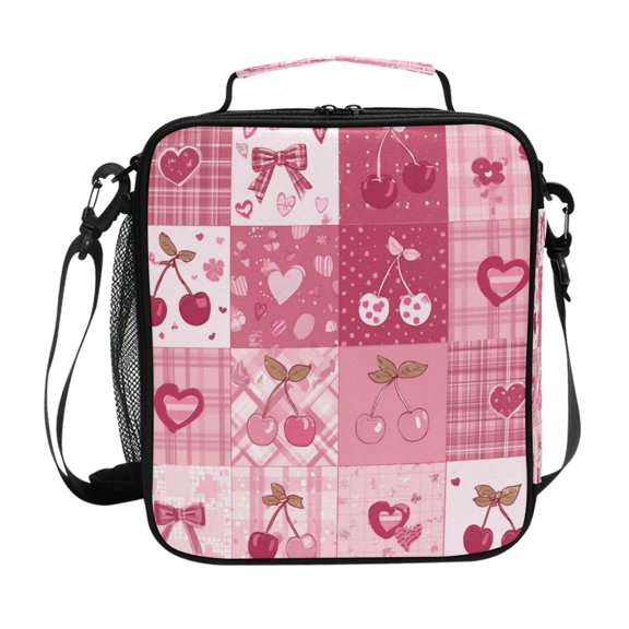 Insulated Square Lunch Bag with Side Mesh Pocket Fashion Lunch Box Reusable Lunch Tote 10.5" x9.5" x3.5" Cherry Pattern with Bows