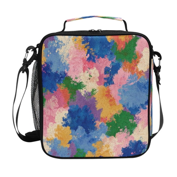 Insulated Square Lunch Bag with Side Mesh Pocket Fashion Lunch Box Reusable Lunch Tote 10.5" x9.5" x3.5" Colorful Splashes and Brushstrokes
