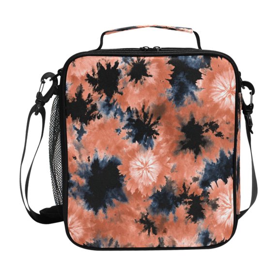Insulated Square Lunch Bag with Side Mesh Pocket Fashion Lunch Box Reusable Lunch Tote 10.5" x9.5" x3.5" Coral and Black Tie-dye Pattern