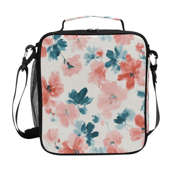 Insulated Square Lunch Bag with Side Mesh Pocket Fashion Lunch Box Reusable Lunch Tote 10.5" x9.5" x3.5" Coral and Teal Floral Pattern