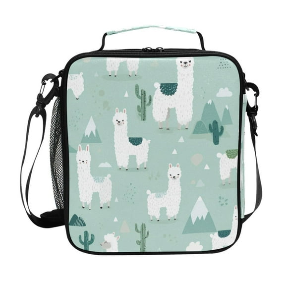 Insulated Square Lunch Bag with Side Mesh Pocket Fashion Lunch Box Reusable Lunch Tote 10.5" x9.5" x3.5" Cute Cartoon Llama Pattern