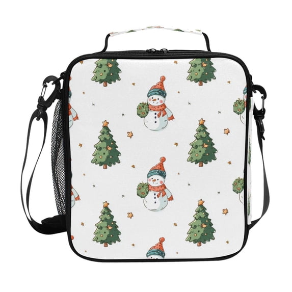 Insulated Square Lunch Bag with Side Mesh Pocket Fashion Lunch Box Reusable Lunch Tote 10.5" x9.5" x3.5" Cute Snowman and Christmas Tree