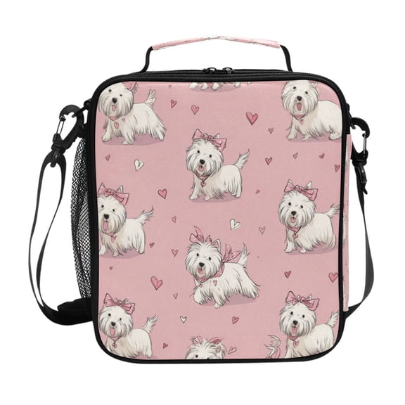 Insulated Square Lunch Bag with Side Mesh Pocket Fashion Lunch Box Reusable Lunch Tote 10.5" x9.5" x3.5" Dogs Wearing Bows