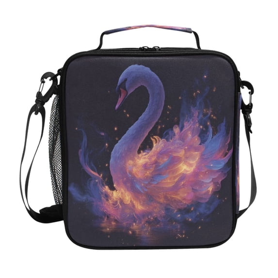 Insulated Square Lunch Bag with Side Mesh Pocket Fashion Lunch Box Reusable Lunch Tote 10.5" x9.5" x3.5" Elegant Swan
