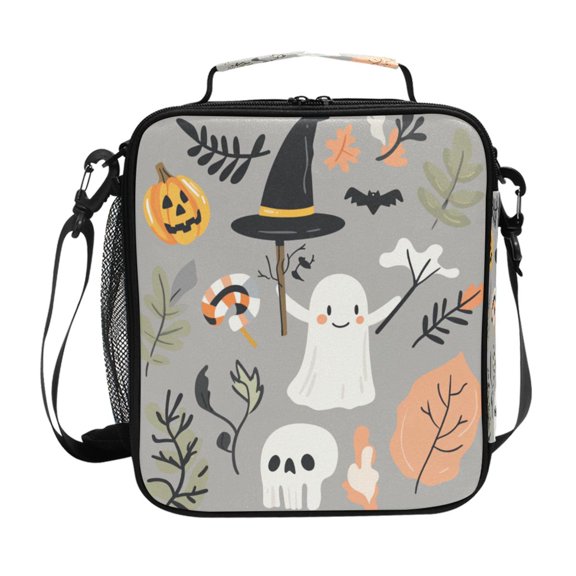 Insulated Square Lunch Bag with Side Mesh Pocket Fashion Lunch Box Reusable Lunch Tote 10.5" x9.5" x3.5" Ghost Character