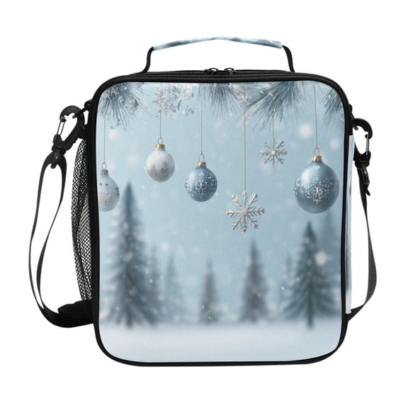 Insulated Square Lunch Bag with Side Mesh Pocket Fashion Lunch Box Reusable Lunch Tote 10.5" x9.5" x3.5" Glass Christmas Ornaments