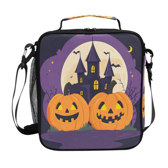 Insulated Square Lunch Bag with Side Mesh Pocket Fashion Lunch Box Reusable Lunch Tote 10.5" x9.5" x3.5" Halloween Concept