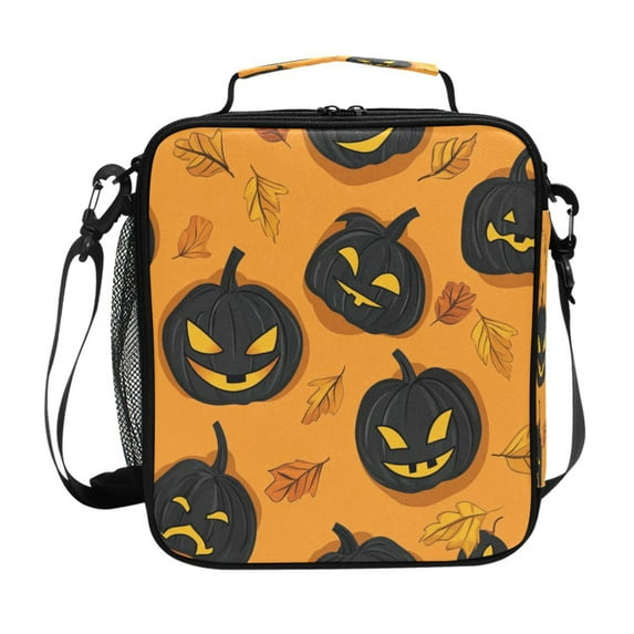Insulated Square Lunch Bag with Side Mesh Pocket Fashion Lunch Box Reusable Lunch Tote 10.5" x9.5" x3.5" Halloween Orange Pumpkin Pattern