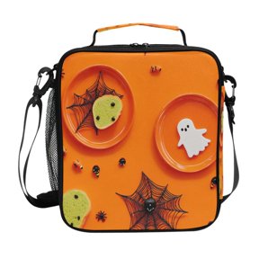 Insulated Square Lunch Bag with Side Mesh Pocket Fashion Lunch Box Reusable Lunch Tote 10.5" x9.5" x3.5" Halloween Vibe
