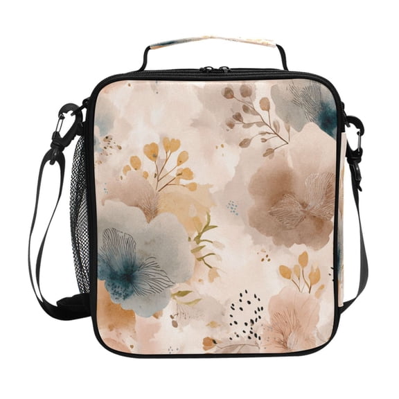 Insulated Square Lunch Bag with Side Mesh Pocket Fashion Lunch Box Reusable Lunch Tote 10.5" x9.5" x3.5" Hazy Ethereal Flowers