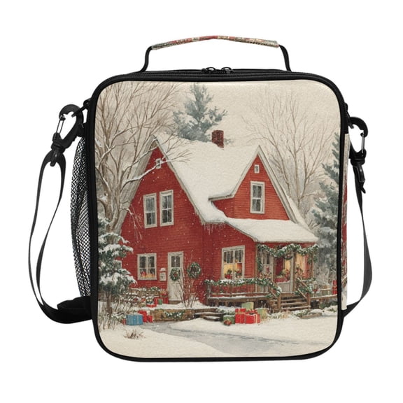 Insulated Square Lunch Bag with Side Mesh Pocket Fashion Lunch Box Reusable Lunch Tote 10.5" x9.5" x3.5" House with Snow-covered Roof