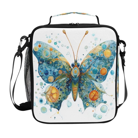 Insulated Square Lunch Bag with Side Mesh Pocket Fashion Lunch Box Reusable Lunch Tote 10.5" x9.5" x3.5" Intricately Butterfly