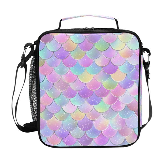 Insulated Square Lunch Bag with Side Mesh Pocket Fashion Lunch Box Reusable Lunch Tote 10.5" x9.5" x3.5" Mermaid Scale Pattern