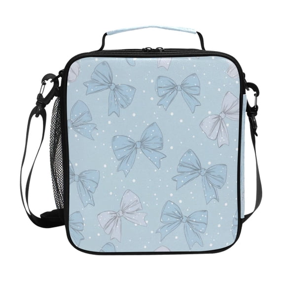 Insulated Square Lunch Bag with Side Mesh Pocket Fashion Lunch Box Reusable Lunch Tote 10.5" x9.5" x3.5" Pastel Blue Bows and Dots
