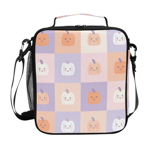 Insulated Square Lunch Bag with Side Mesh Pocket Fashion Lunch Box Reusable Lunch Tote 10.5" x9.5" x3.5" Pastel Colors Smiley Pumpkin