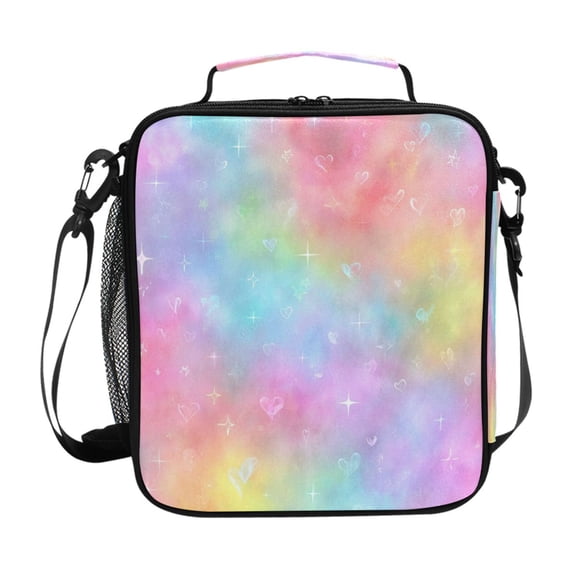 Insulated Square Lunch Bag with Side Mesh Pocket Fashion Lunch Box Reusable Lunch Tote 10.5" x9.5" x3.5" Pastel Rainbow Tie-dye