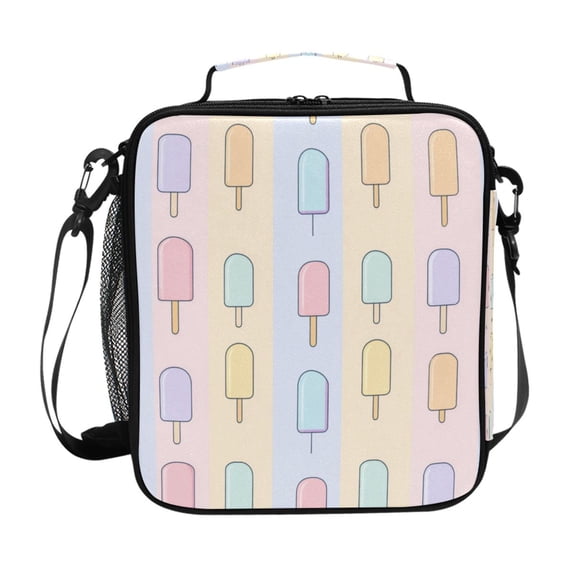 Insulated Square Lunch Bag with Side Mesh Pocket Fashion Lunch Box Reusable Lunch Tote 10.5" x9.5" x3.5" Popsicle Pattern