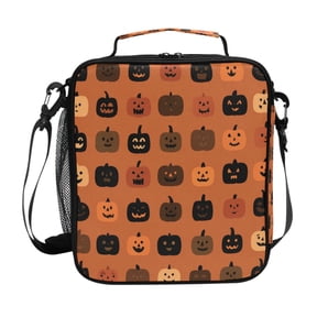 Insulated Square Lunch Bag with Side Mesh Pocket Fashion Lunch Box Reusable Lunch Tote 10.5" x9.5" x3.5" Pumpkin Funny Face Pattern