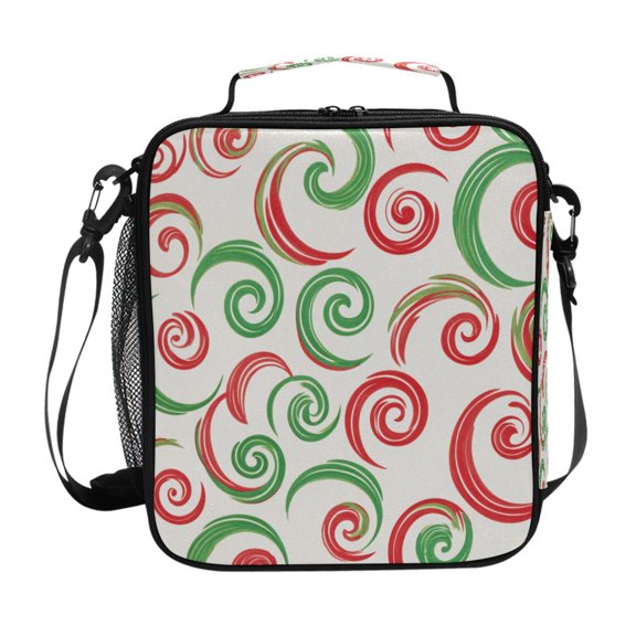 Insulated Square Lunch Bag with Side Mesh Pocket Fashion Lunch Box Reusable Lunch Tote 10.5" x9.5" x3.5" Red and Green Swirls