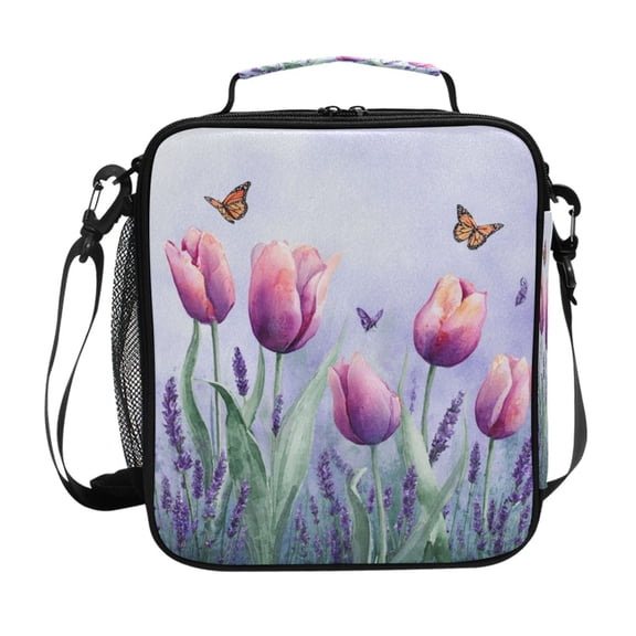 Insulated Square Lunch Bag with Side Mesh Pocket Fashion Lunch Box Reusable Lunch Tote 10.5" x9.5" x3.5" Watercolor Tulips and Lavender
