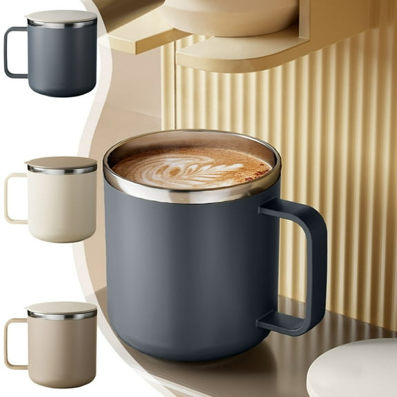 Insulated Stainless Steel Coffee Mug 400ml | Double Wall Vacuum Thermal Cup with Handle & Lid | Durable 304 Food Grade Metal Tumbler for Hot & Cold Drinks | Leak-Resistant | Easy Clean | Beige Gray
