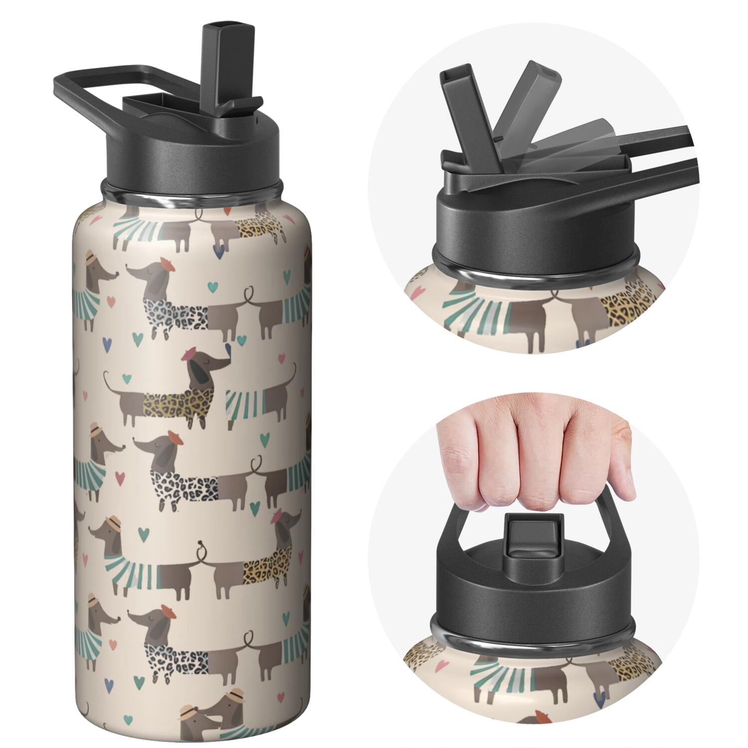 Insulated Stainless Steel Sports 32oz Dog Water Bottle with Handle Lids - Wide Mouth, Double Wall, Leakproof, 24Hrs Cold Retention 12Hrs Hot, Gym Flask