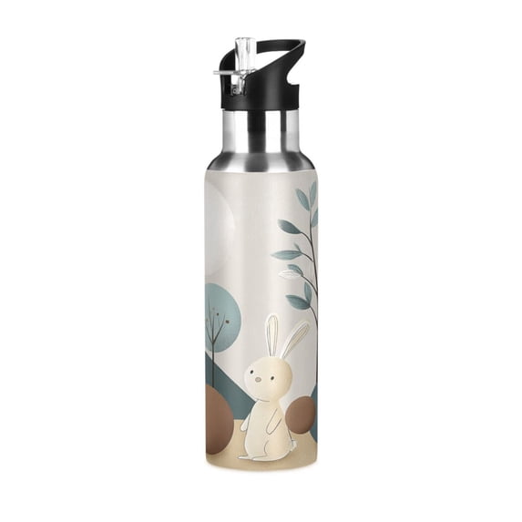 Insulated Stainless Steel Sports Water Bottle With Straw and Handle,Minimalist Nordic Style Ideal for Outdoor Use 600 ml Rabbit